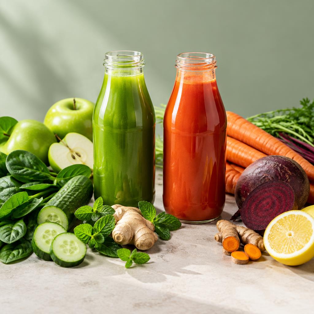 Green and beet-carrot cold-pressed juices alongside fresh ingredients